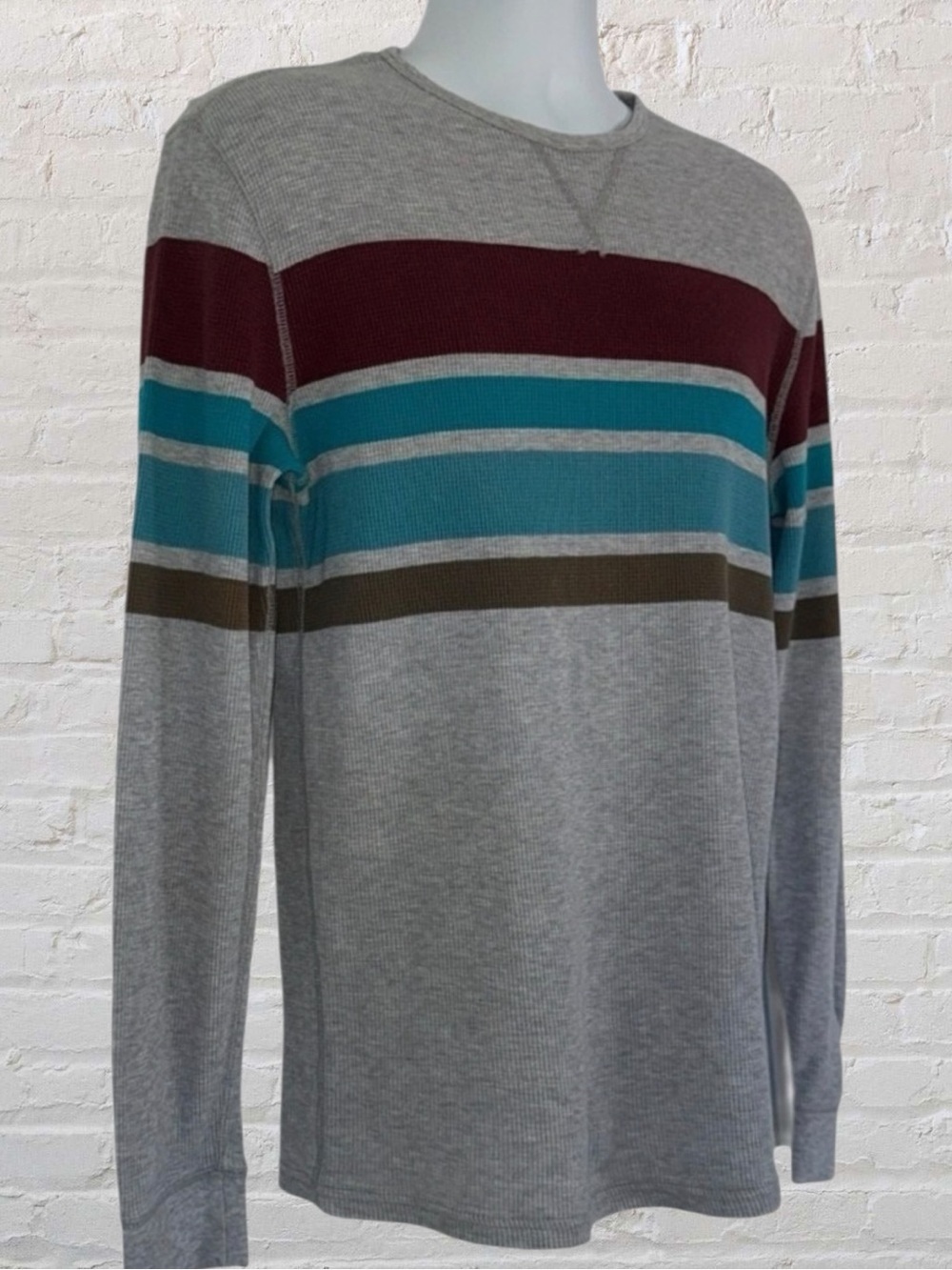 Mossimo Supply Co Men’s Long Sleeve Thermal Shirt Size L Gray Stripe Crew Neck